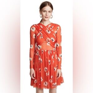 GANNI Big Apple Red Floral Long Sleeve Tilden Sheer Mesh Dress